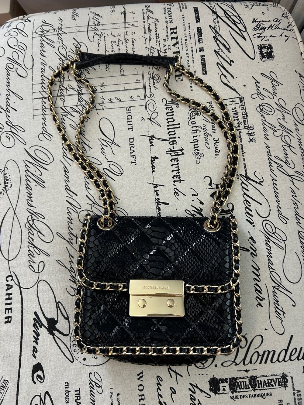 Michael Kors Black Snake-Embossed Mini Chain Shoulder Bag with Gold Hardware